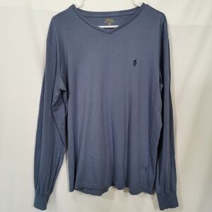 Polo by Ralph Lauren V-Neck Long Sleeve Tee in Medium Blue, Navy Logo - Sz M